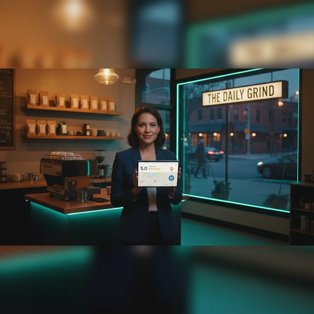 Woman in cafe showing 5-star reviews on tablet